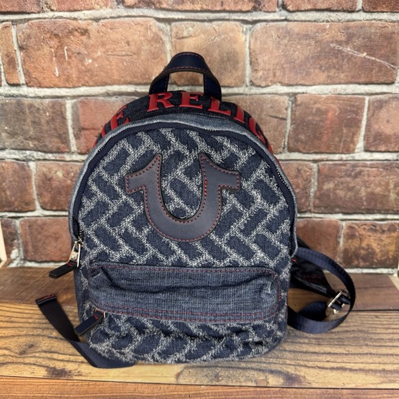 True Religion Handbags - TRUE RELIGION Mini Backpack Denim Sky Logo Blue Patchwork Red Stitching